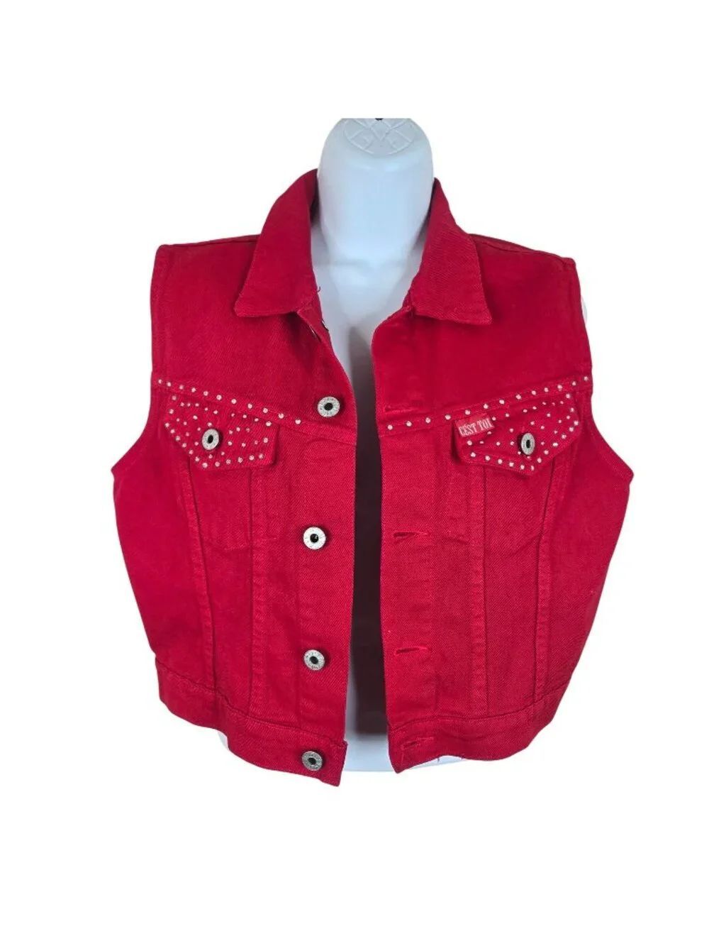 Vintage 90s Red Denim Vest Rhinestone Pockets Womens S Cropped Western